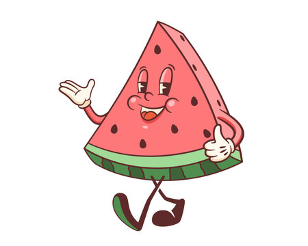 Groovy Watermelon Slice Retro Character Illustration. Cartoon Summer Fruit Personage Walking and Smiling. Vector Funny Mascot Template. Happy Vintage Cool Sticker. Isolated