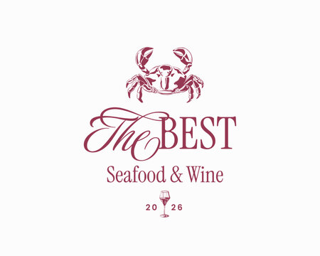 Amalfi coast seafood doodle sketch logo template. Elegant typography with crab, wine glass icons. Italian restaurant seafood emblem. Hand-drawn sea French vacation vintage rest vector label design