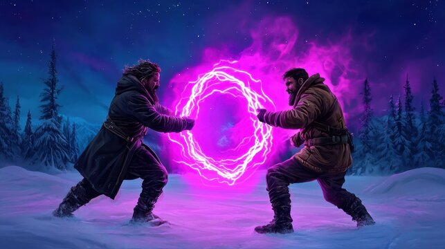 Pixel Art Fantasy Duel Two Figures in Winter Coats Face a Glowing Purple Energy Ring in a Snowy Night Scene