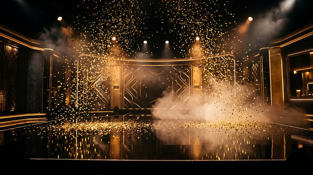 Golden reflections sparkle on a dark stage with bursts of light and smoke