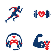 Obraz premium Fitness and Gaming Lifestyle Icon Set Featuring Running Bodybuilding and Esports Elements.