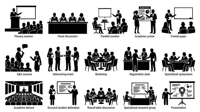 Business and Education Conference Event Glyph Icons Set. Academic Meetings, Presentations, Workshops Silhouette.