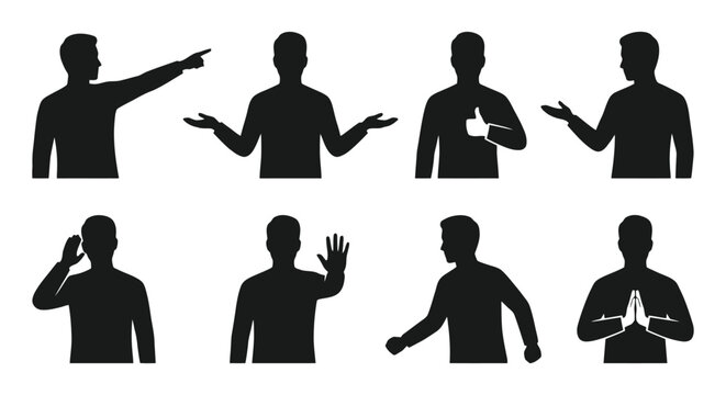 Set of male silhouettes showing various hand gestures and body language