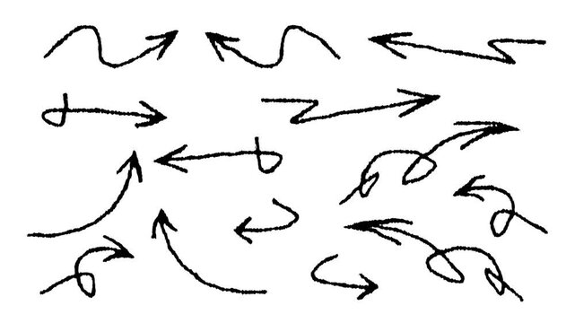 Scribble style hand drawn arrows animation with rough marker strokes, wiggly sketch arrows moving in loop, highlighter Arrows, chalk doodle Arrows animation in 4k.
