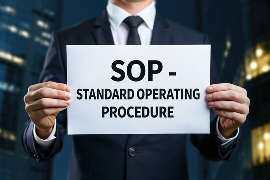 Corporate businessman holding a white sign with sop standard operating procedure