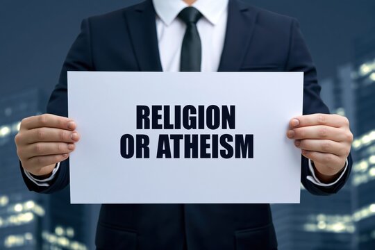 Corporate businessman holding a white sign with religion or atheism