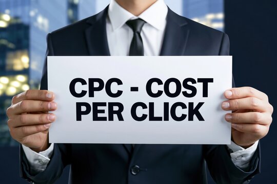 Corporate businessman holding paper with cpc - cost per click message