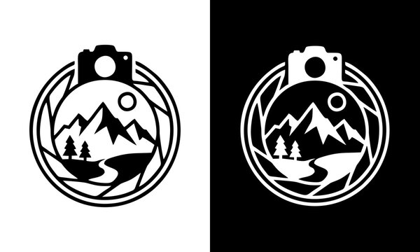 Minimalist Photography Logo Concept Featuring Mountain Landscape inside a Camera Aperture Shutter Design