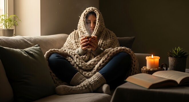 Cozy woman wrapped in blanket sitting on couch with cup