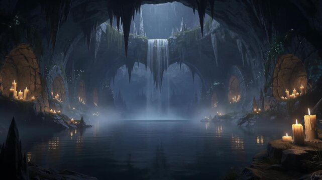 Mystical Cave with Glowing Candles, Serene Underground Lake, and Mesmerizing Waterfall Creates Enchanting Tranquil Atmosphere