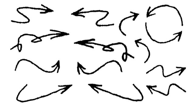 
Hand-drawn marker Arrows animation in 4k, wiggly hand-drawn chalk doodle Arrows animation, highlighter Arrows, Rough hand drawn arrows loop animation.
