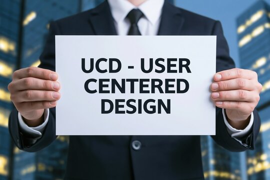Professional businessman holding white paper with ucd user centered design text against city night background