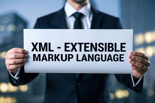 Professional businessman holding white paper with xml extensible markup language text against city night background