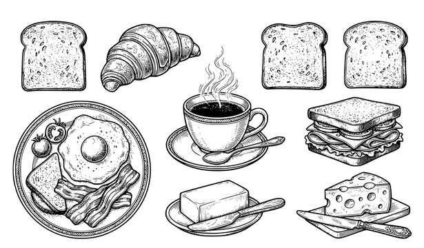 Breakfast Meal Illustration Set with Toast Sandwich Coffee and Fried Egg