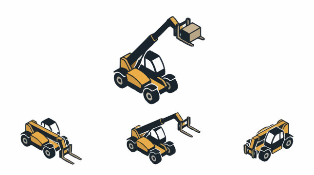 Set of four construction telehandler forklifts in isometric view.