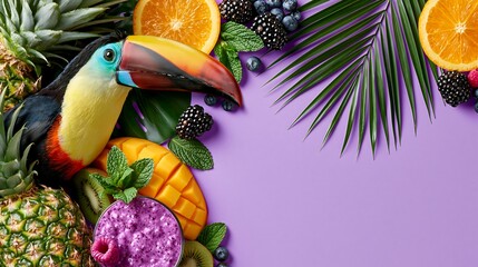 Obraz premium Colorful Tropical Fruits, Berries, Smoothie, and Bird on Purple Background