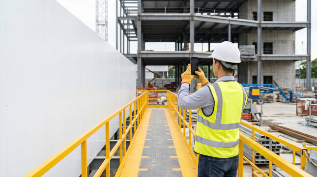 Construction engineer in hard hat and safety vest taking a photo of an unfinished building structure with smartphone on a walkway with copy space for construction concept