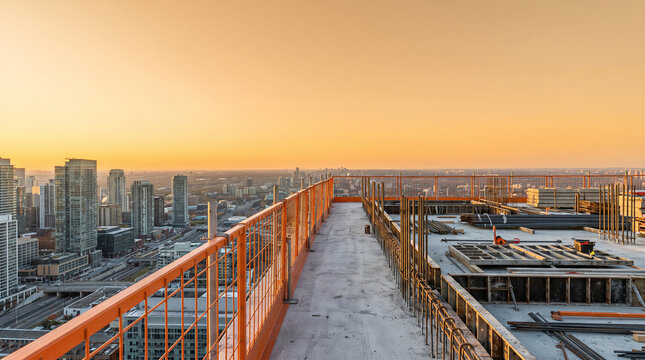 High angle view of a skyscraper construction site rooftop overlooking a city skyline during a golden sunset with copy space for construction concept