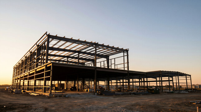 Steel frame structure of a large industrial building under construction at sunset with copy space for text for construction concept