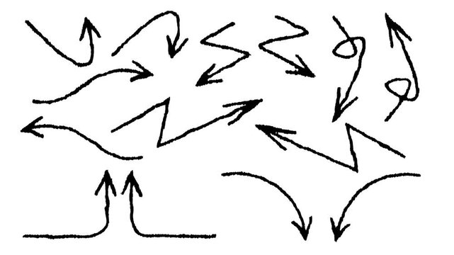 Scribble style hand drawn arrows animation with rough marker strokes, wiggly sketch arrows moving in loop, highlighter Arrows, chalk doodle Arrows animation in 4k.
