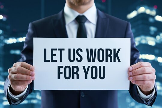 Businessman holding paper with Let Us Work For You message