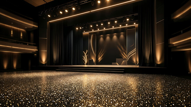 Golden spotlight shines on a dark empty theater stage with glittering floor