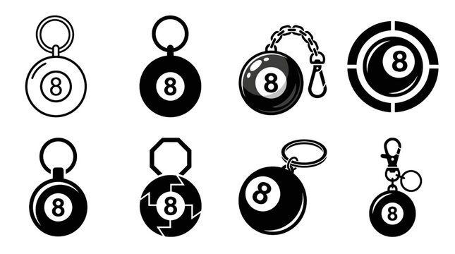 Eight Ball Keychain Set Icon Billiards Luck and Game Accessory Vector Graphics
