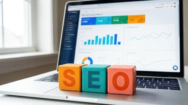 Seo search engine optimization concept with wooden blocks on laptop keyboard