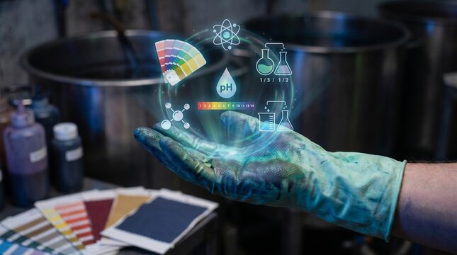 Chemical laboratory technician holding a digital holographic interface with ph scale and chemical icons in a textile dyeing facility editable vector