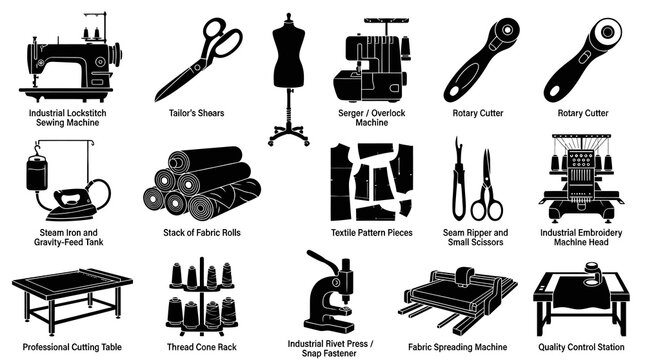 Textile and Garment Manufacturing Tools and Equipment Black White Silhouette Icon Set