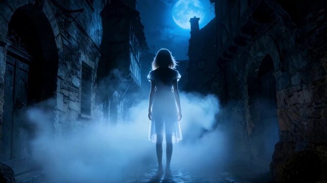 Drammatica silhouette di una donna fantasma in un borgo di notte