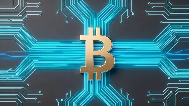 Golden Bitcoin symbol with circuit board
