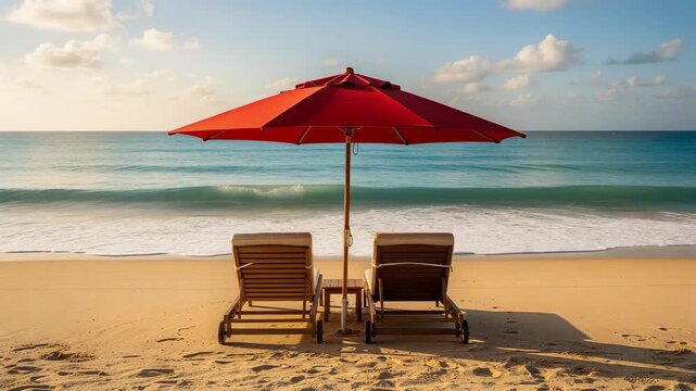 Relaxation at beach with two chairs under red umbrella on golden sand, waves crashing gently, creating serene atmosphere