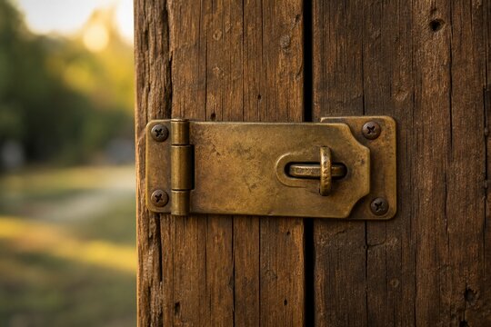 Vintage brass hasp and staple on weathered wooden door, rustic security and antique hardware concept.