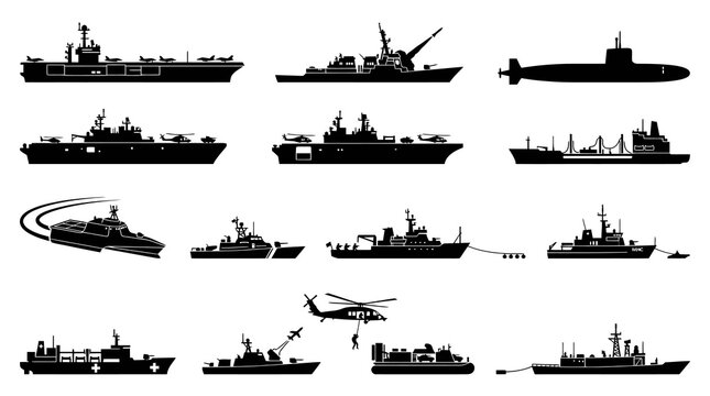 Military Navy Ship Fleet Icons - Black and White Silhouette