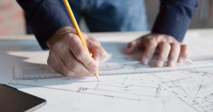Hands, engineer and writing notes with document, drawing and information for building structure. Person, measuring and floor plan with ruler, construction illustration and architecture for expansion