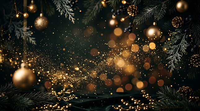 Golden ornaments and pine needles create festive atmosphere with sparkling lights