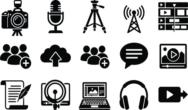 Set of black multimedia and content creation icons showcasing cameras microphones tripods and social media symbols arranged in a clean grid format on transparent background