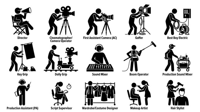 Film Crew Roles Icons - Black and White Line Art, Industry: Film Production
