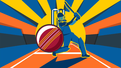 A vibrant cricket player swinging the bat to hit a ball in front of the wicket with a colorful sunburst background design for sports competition and championship promotion posters © Lepe PNG