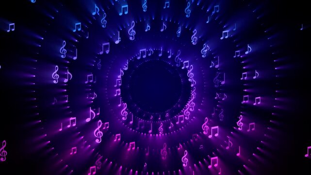 music notes neon lights pink and blue tunnel flying on dark background animation, stream musical nota bar and concert social media motion background