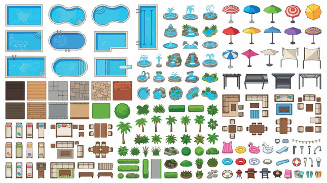 Swimming pool landscape design elements, top view garden furniture and patio icons, architectural site plan vector set with outdoor pools and plants isolated PNG with Transparent Background