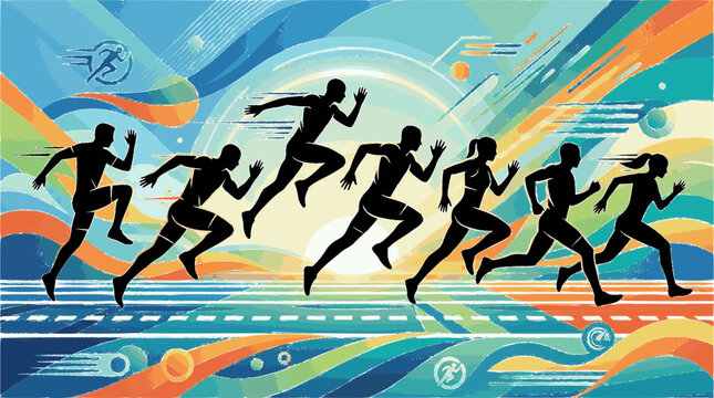 Silhouettes of athletes running in diverse stride positions showcasing dynamic human motion for fitness, sports, and design concepts
