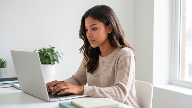 diverse young woman working intently on modern open laptop in bright minimalist home studio natural daylight professional lifestyle setting for business marketing