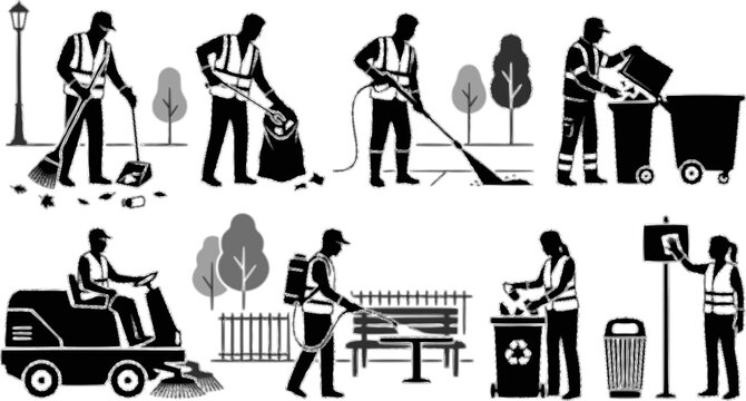 Black silhouettes of workers performing cleaning, sanitation, and waste management tasks for public space maintenance concepts
