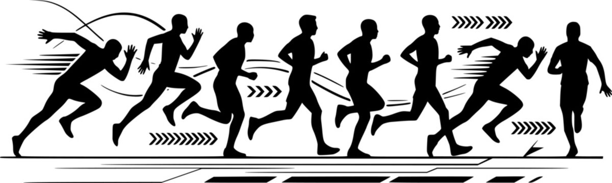 Silhouettes of athletes running in diverse stride positions showcasing dynamic human motion for fitness, sports, and design concepts
