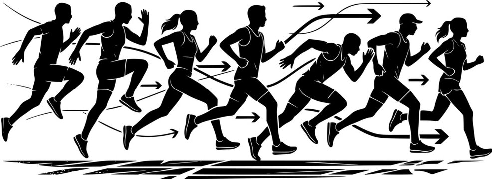 Silhouettes of athletes running in diverse stride positions showcasing dynamic human motion for fitness, sports, and design concepts
