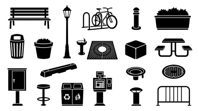 Urban street furniture black silhouette elements and park amenity CAD blocks
