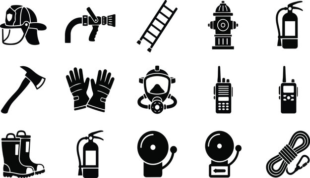 Professional set of black vector firefighter equipment icons featuring essential safety tools for emergency services and rescue operations depicted in a minimalist style on transparent background