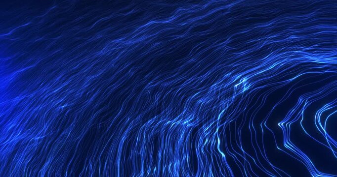 Abstract blue flowing light waves with glowing contours and fluid motion. Futuristic digital energy background inspired by data streams.